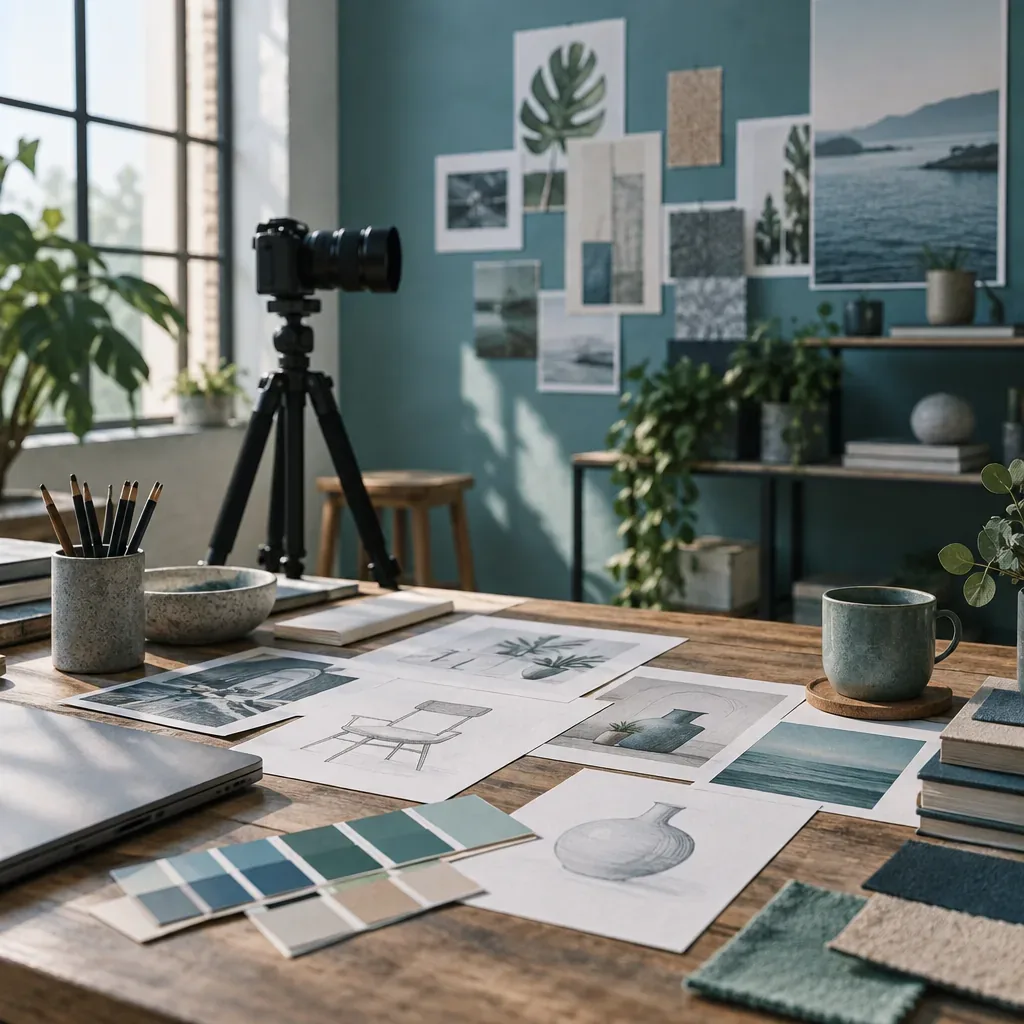 Illustration of a creative studio with a camera, canvas, and design tools
