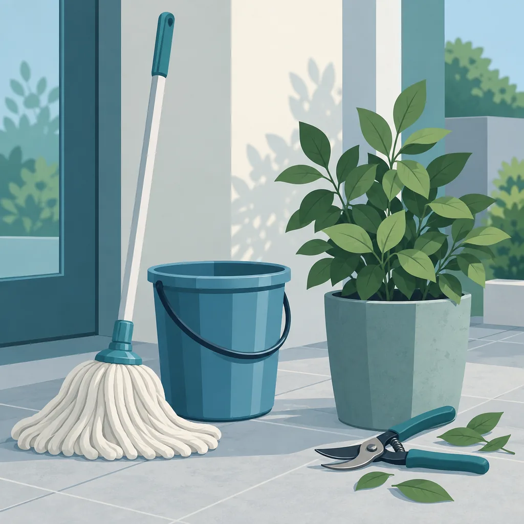 Illustration of cleaning supplies, a mop, and potted plants near a building entrance