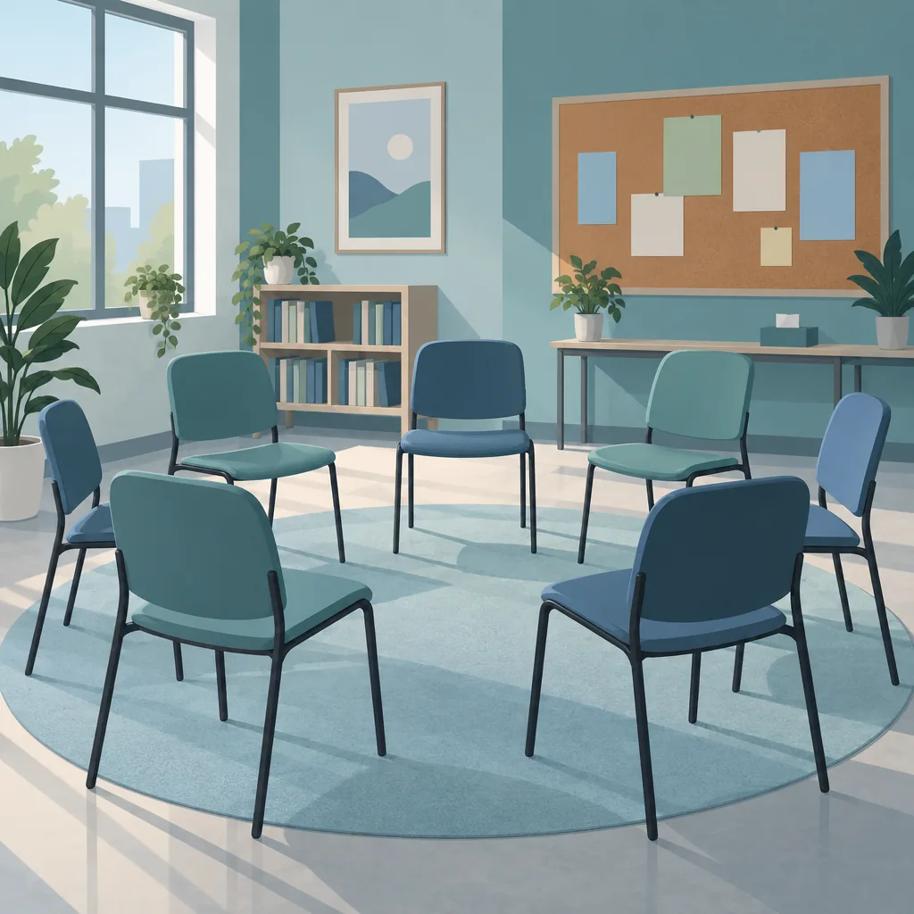 Illustration of a community meeting room with a notice board and rows of chairs