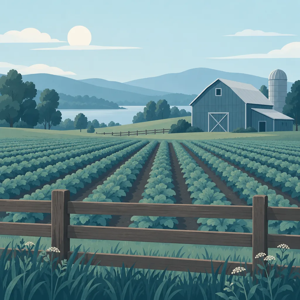 Illustration of a farm field with crop rows and a barn in the background
