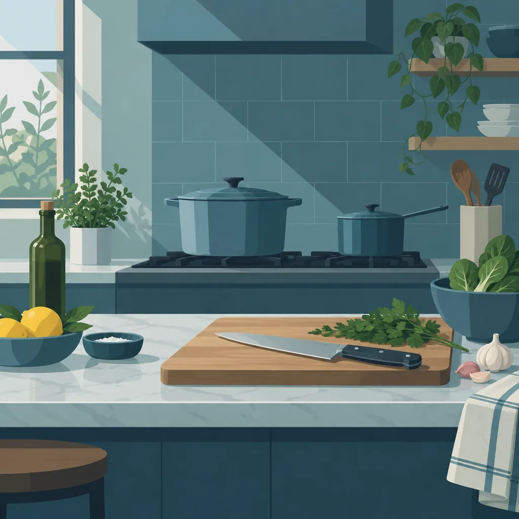 Illustration of a restaurant kitchen counter with cookware and serving trays