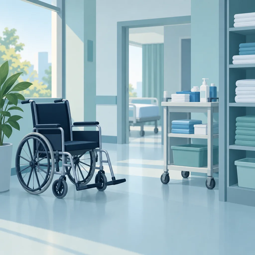 Illustration of a hospital supply cart with bandages and basic care equipment