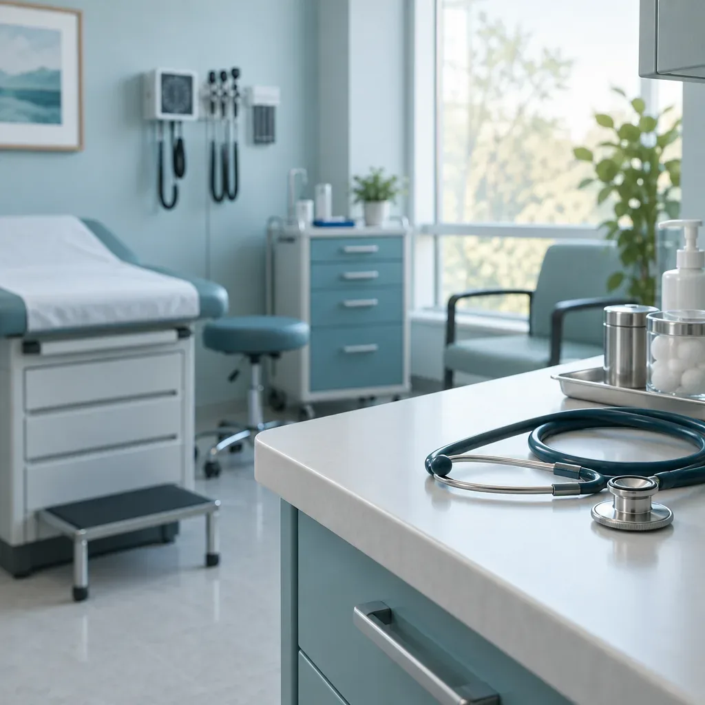 Illustration of a clinical setting with medical staff and equipment