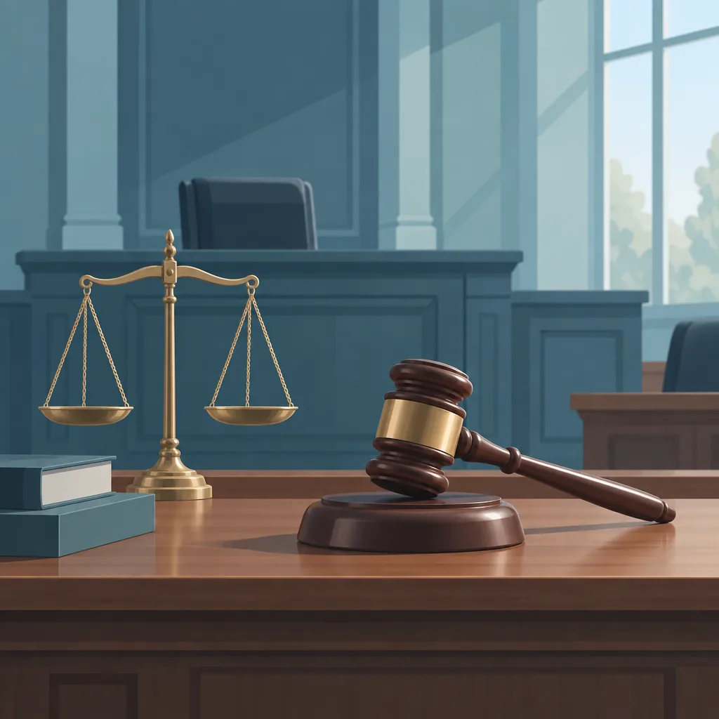 Illustration of a gavel and law books on a wooden desk