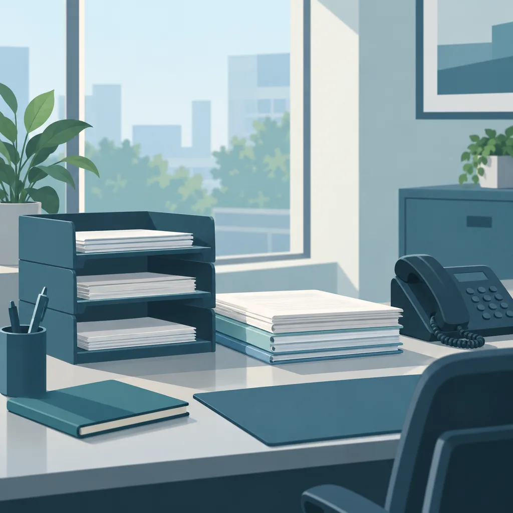 Illustration of an office desk with a computer, phone, and filing folders