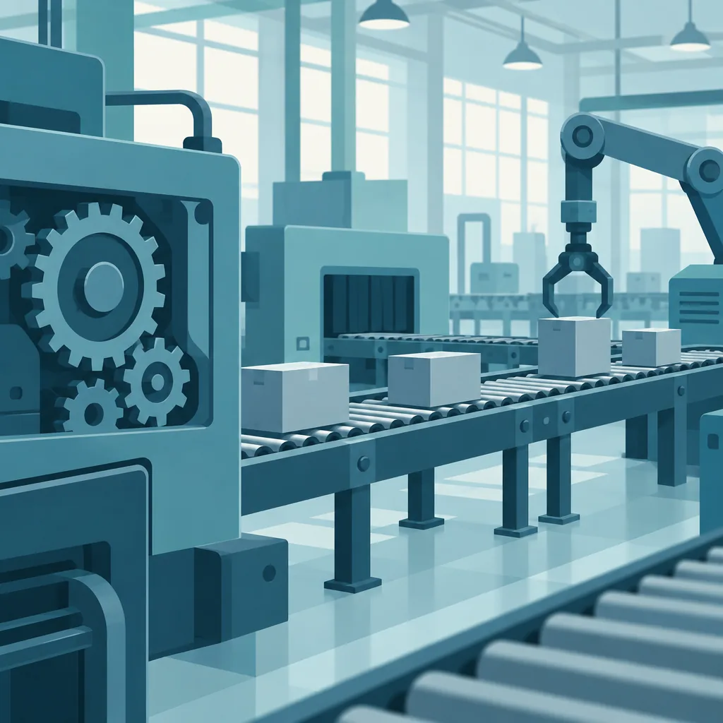 Illustration of an assembly line with machinery parts and a conveyor belt