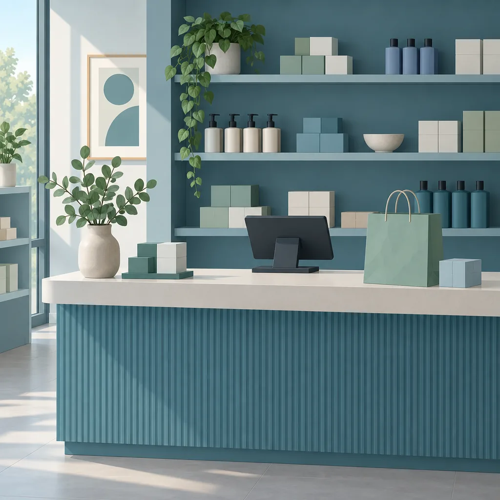 Illustration of a retail sales counter with a cash register and shelved merchandise
