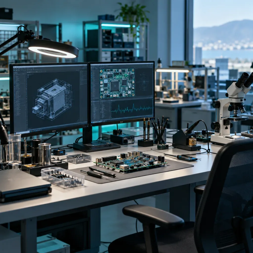 Illustration of engineers and scientists working with technical diagrams and equipment
