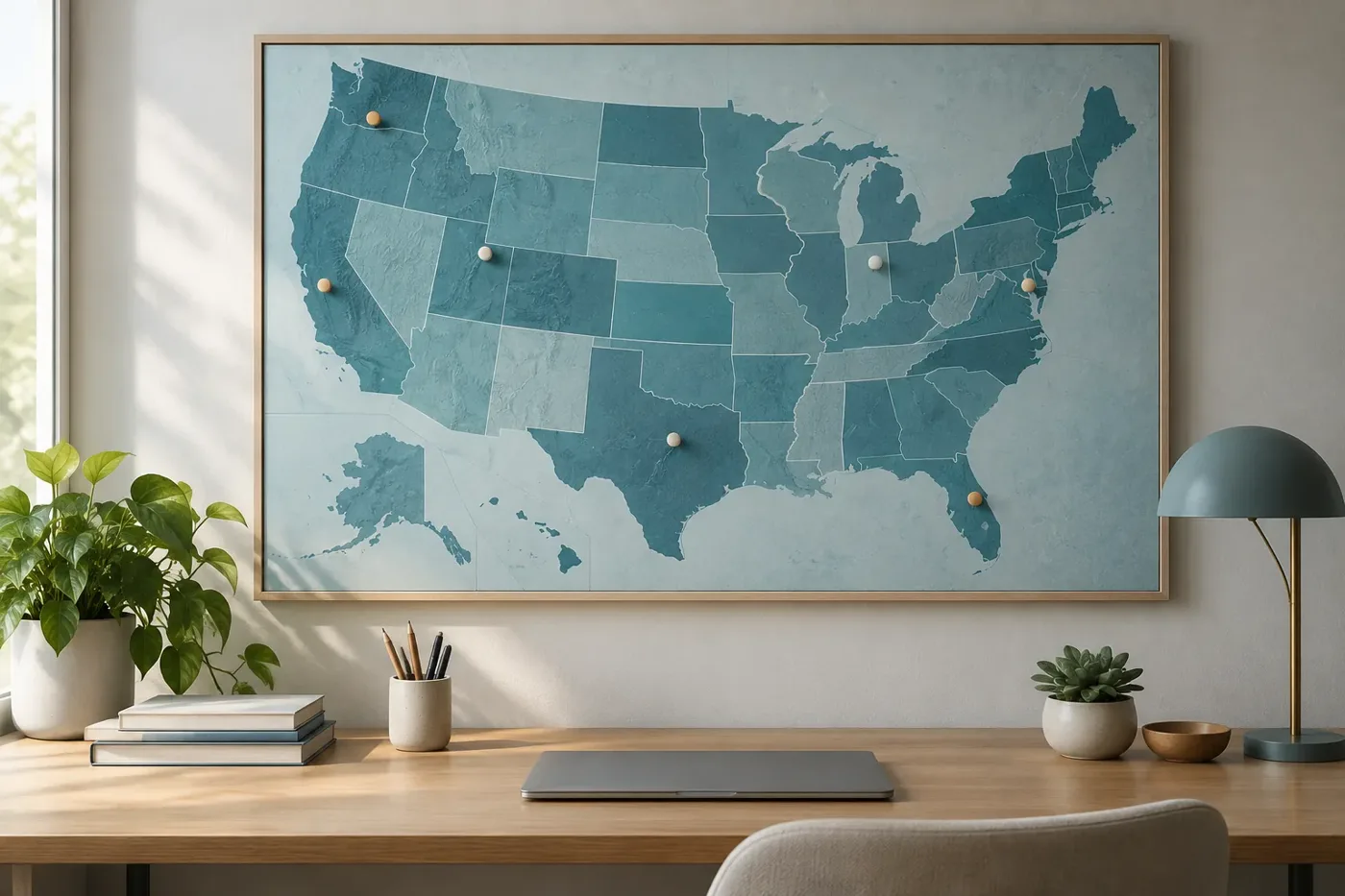 Illustration of a U.S. map with location markers across different states