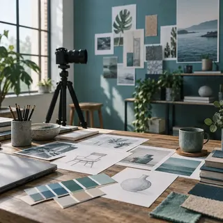 Illustration of a creative studio with a camera, canvas, and design tools