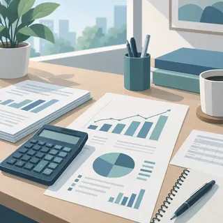 Illustration of an office desk with financial charts, a calculator, and stacked documents