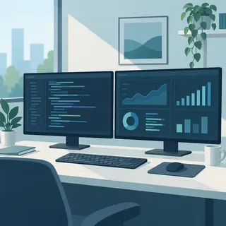 Illustration of a computer workstation with code on a monitor and abstract data graphics