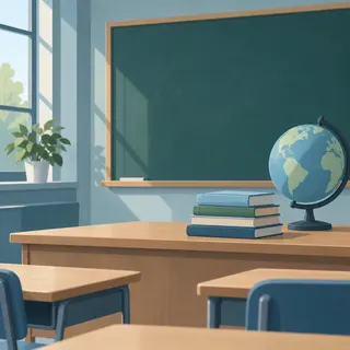 Illustration of a classroom chalkboard beside bookshelves and a stack of books