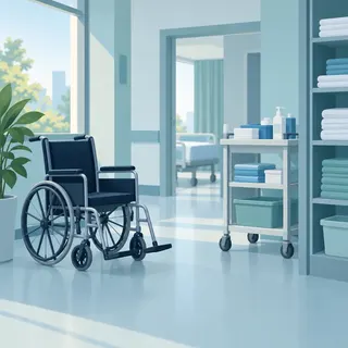 Illustration of a hospital supply cart with bandages and basic care equipment