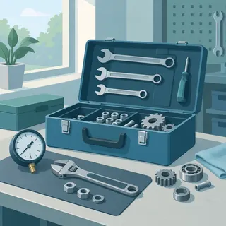 Illustration of a toolbox, wrench, and gauge dials on a workbench