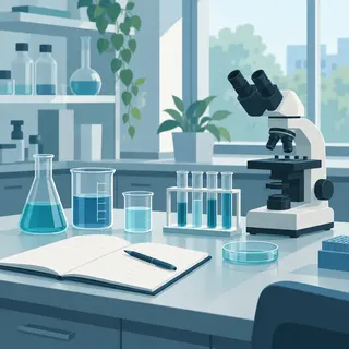 Illustration of a laboratory bench with beakers, a microscope, and scientific charts