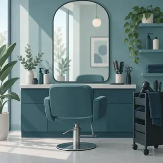 Illustration of a salon styling station with grooming tools and a mirror
