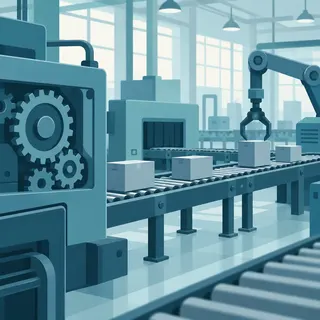 Illustration of an assembly line with machinery parts and a conveyor belt